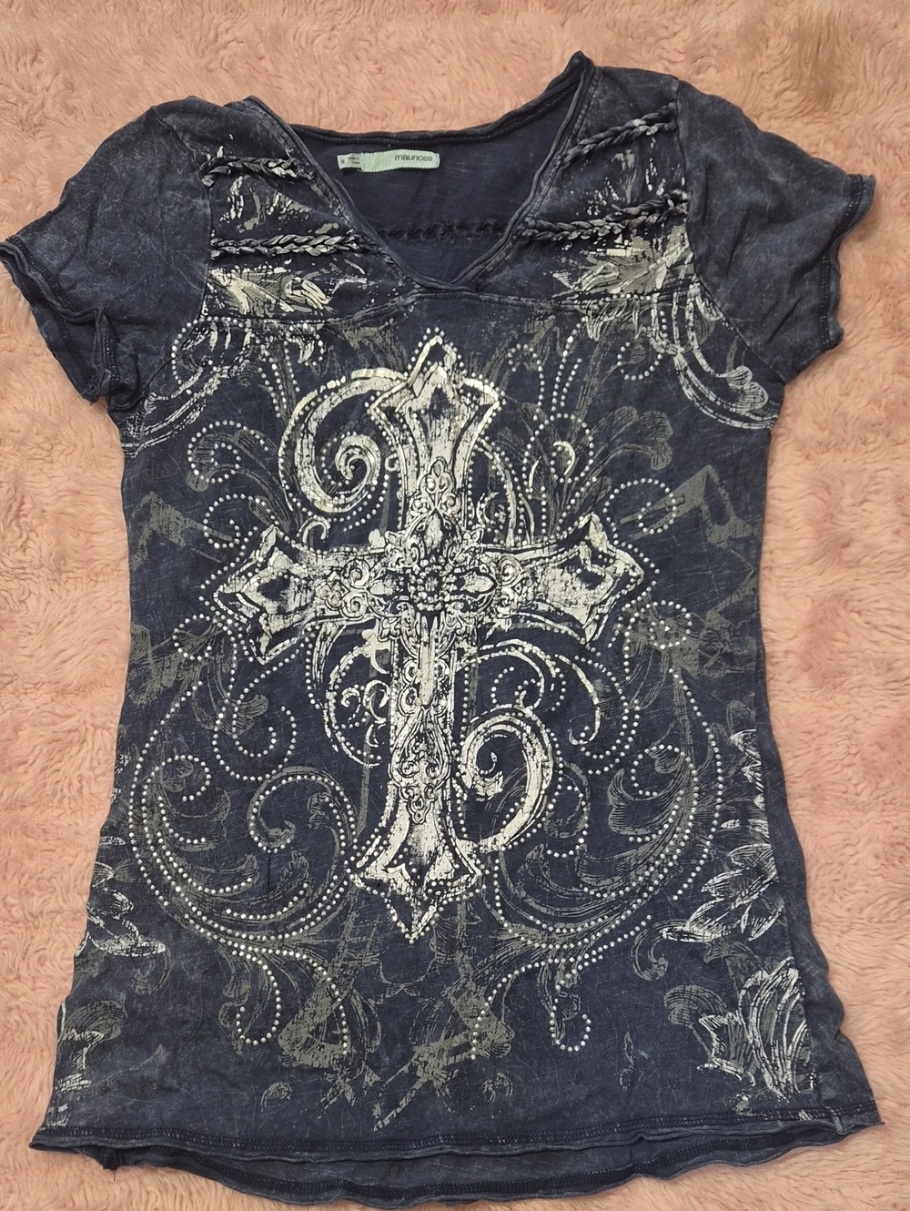 Maurices Navy Blue Short Sleeve Tee with White Ornate Cross Graphic